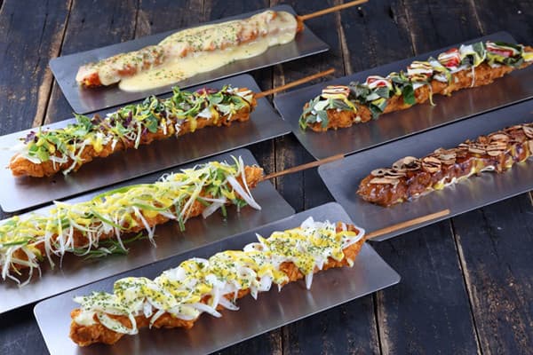 Colorful grilled vegetable and meat skewers